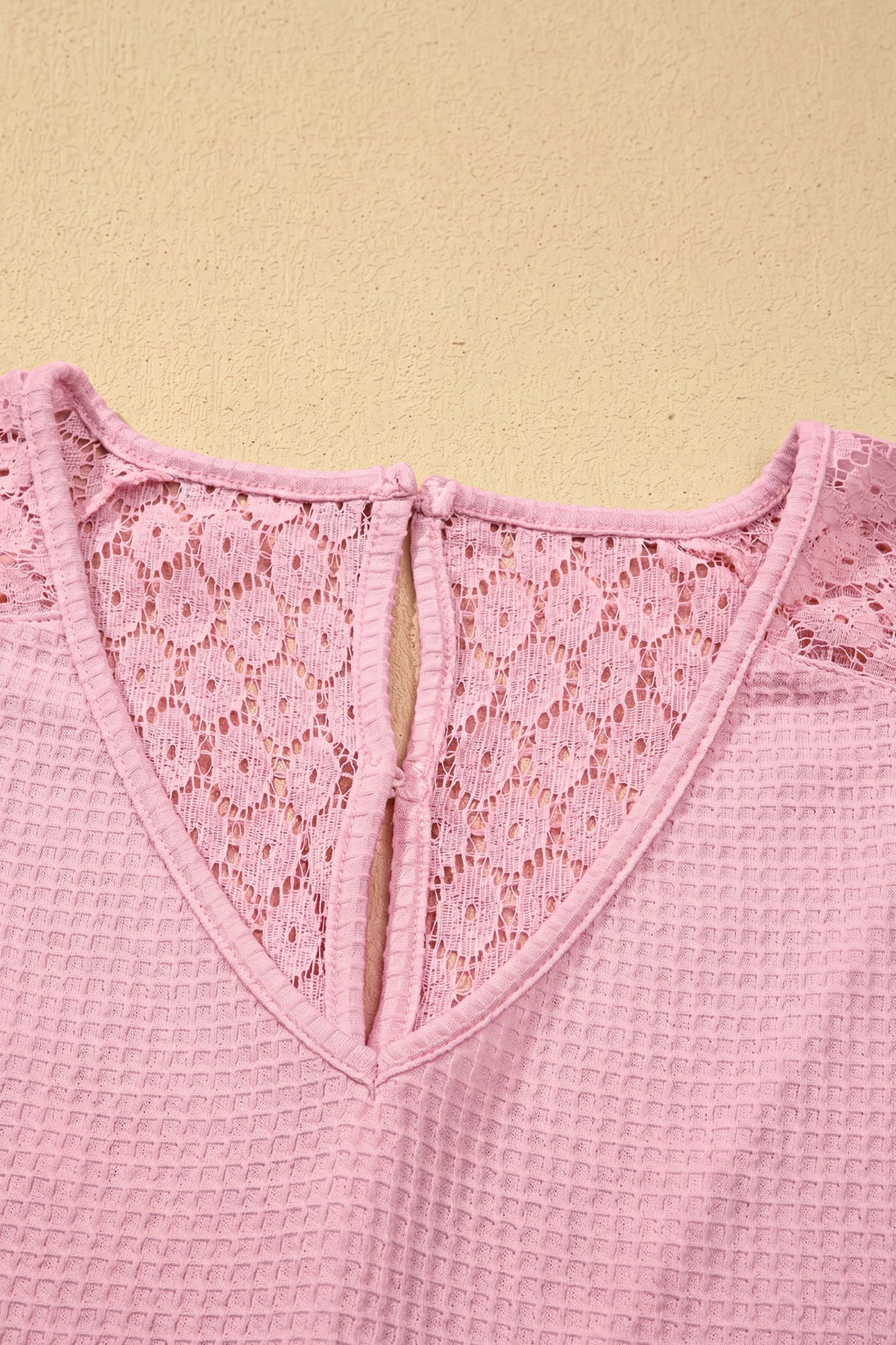 Beige Lace Splicing Button Cutout V Neck Waffle Knit Blouse
