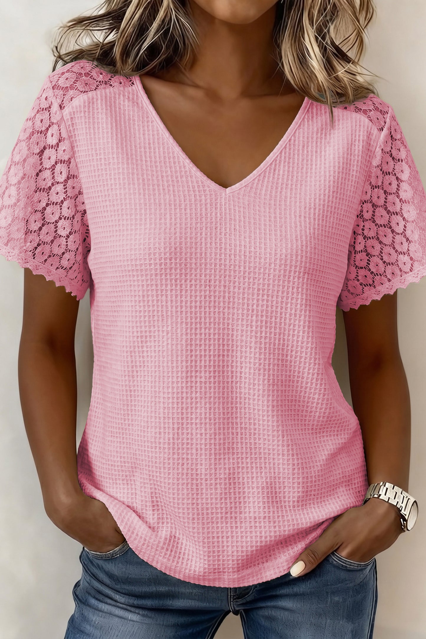 Beige Lace Splicing Button Cutout V Neck Waffle Knit Blouse