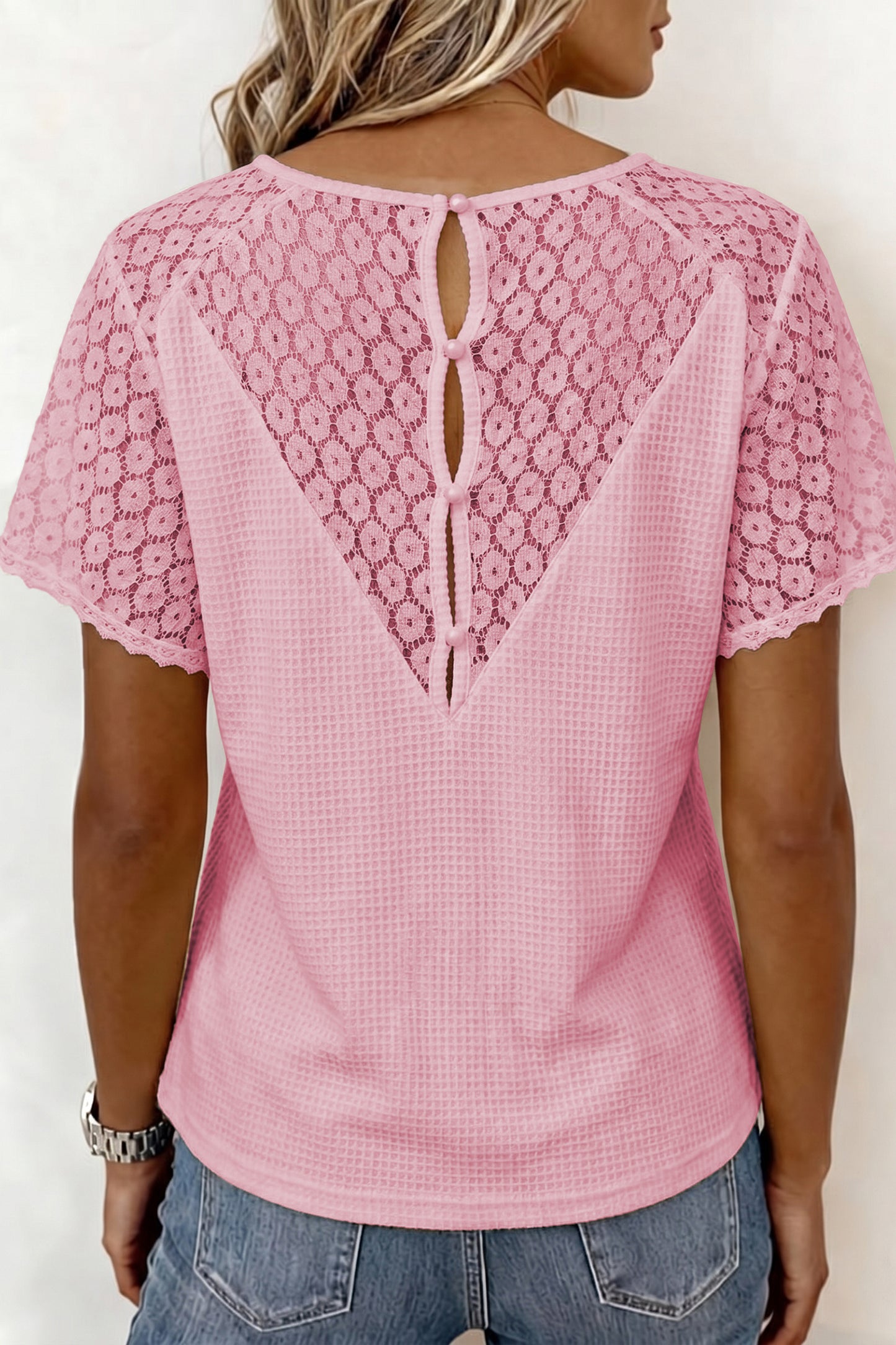 Beige Lace Splicing Button Cutout V Neck Waffle Knit Blouse