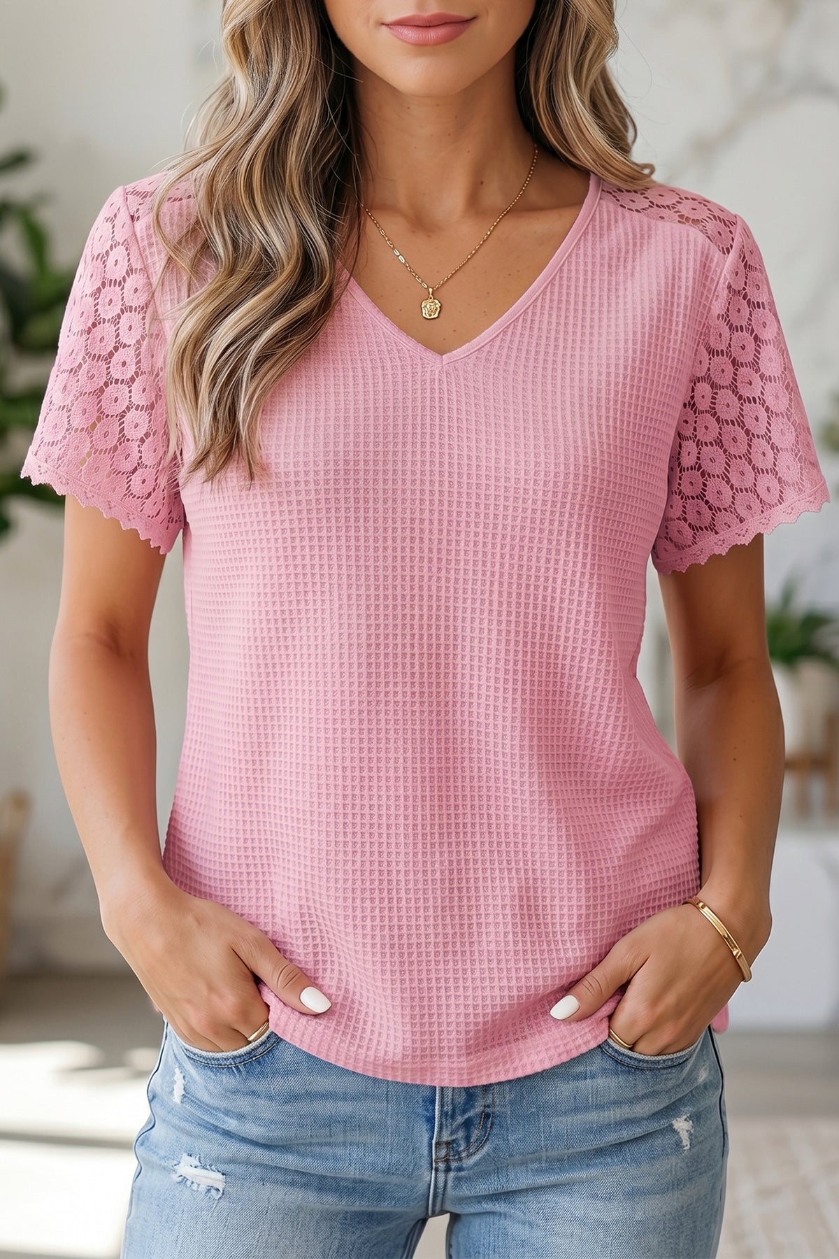 Beige Lace Splicing Button Cutout V Neck Waffle Knit Blouse