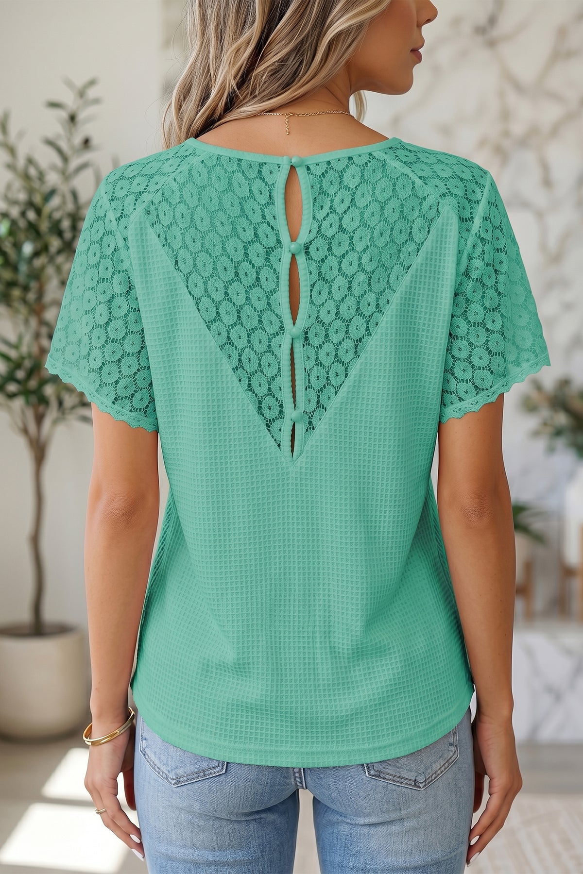 Beige Lace Splicing Button Cutout V Neck Waffle Knit Blouse