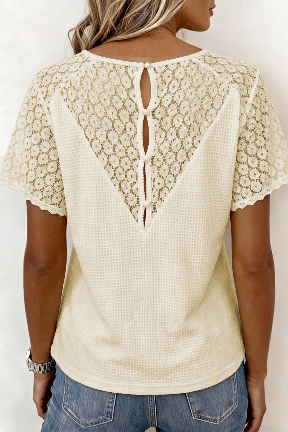 Beige Lace Splicing Button Cutout V Neck Waffle Knit Blouse