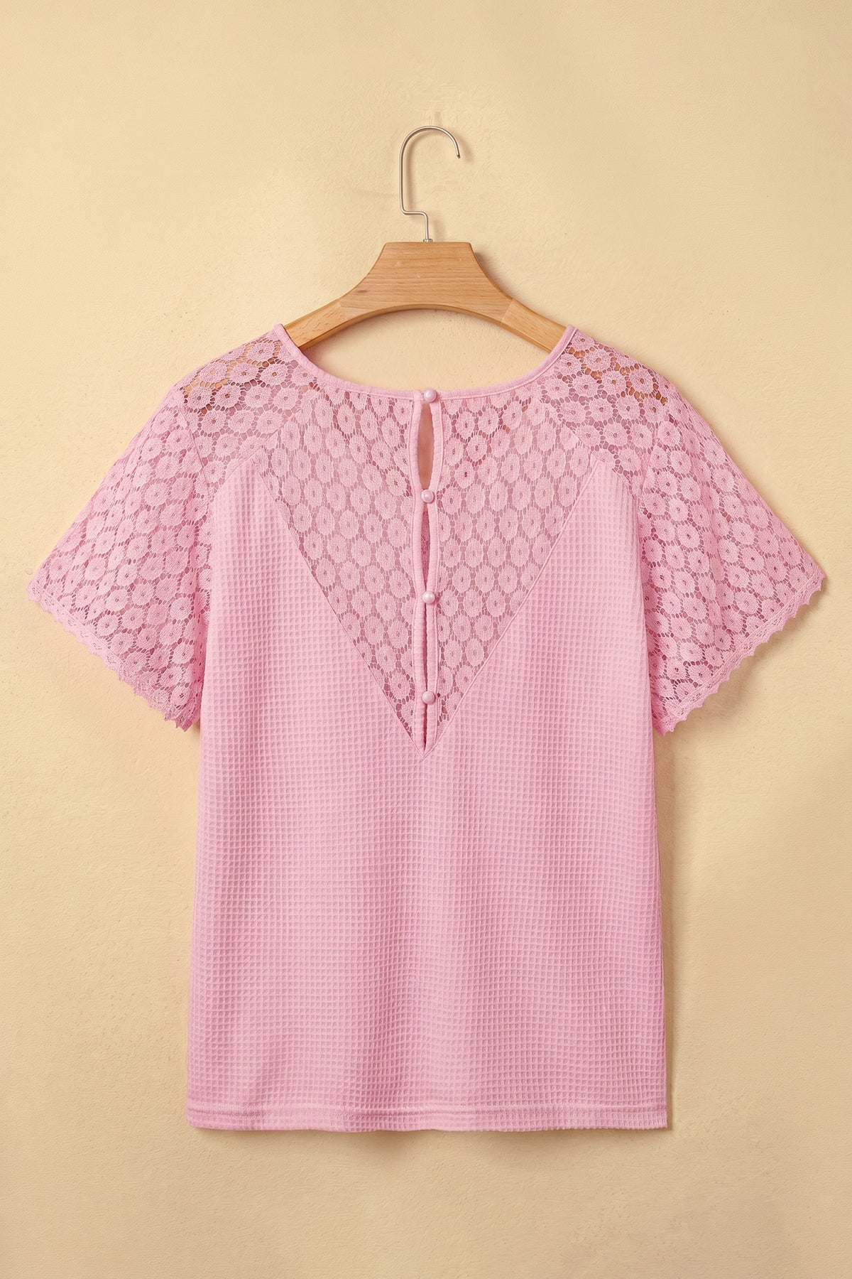 Beige Lace Splicing Button Cutout V Neck Waffle Knit Blouse