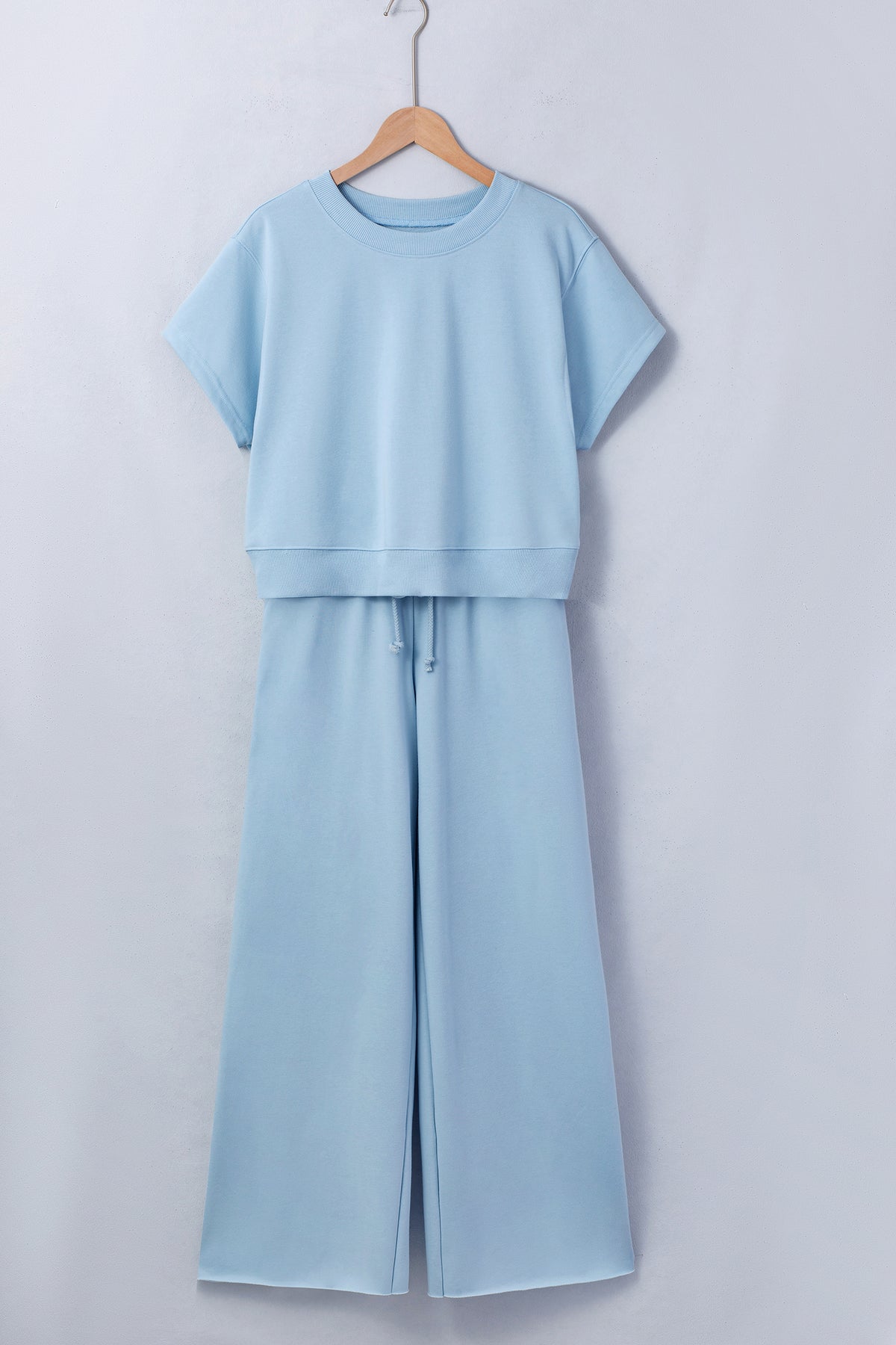 Parchment Solid Color Loose Tee Drawstring Wide Leg Pants 2pcs Outfit