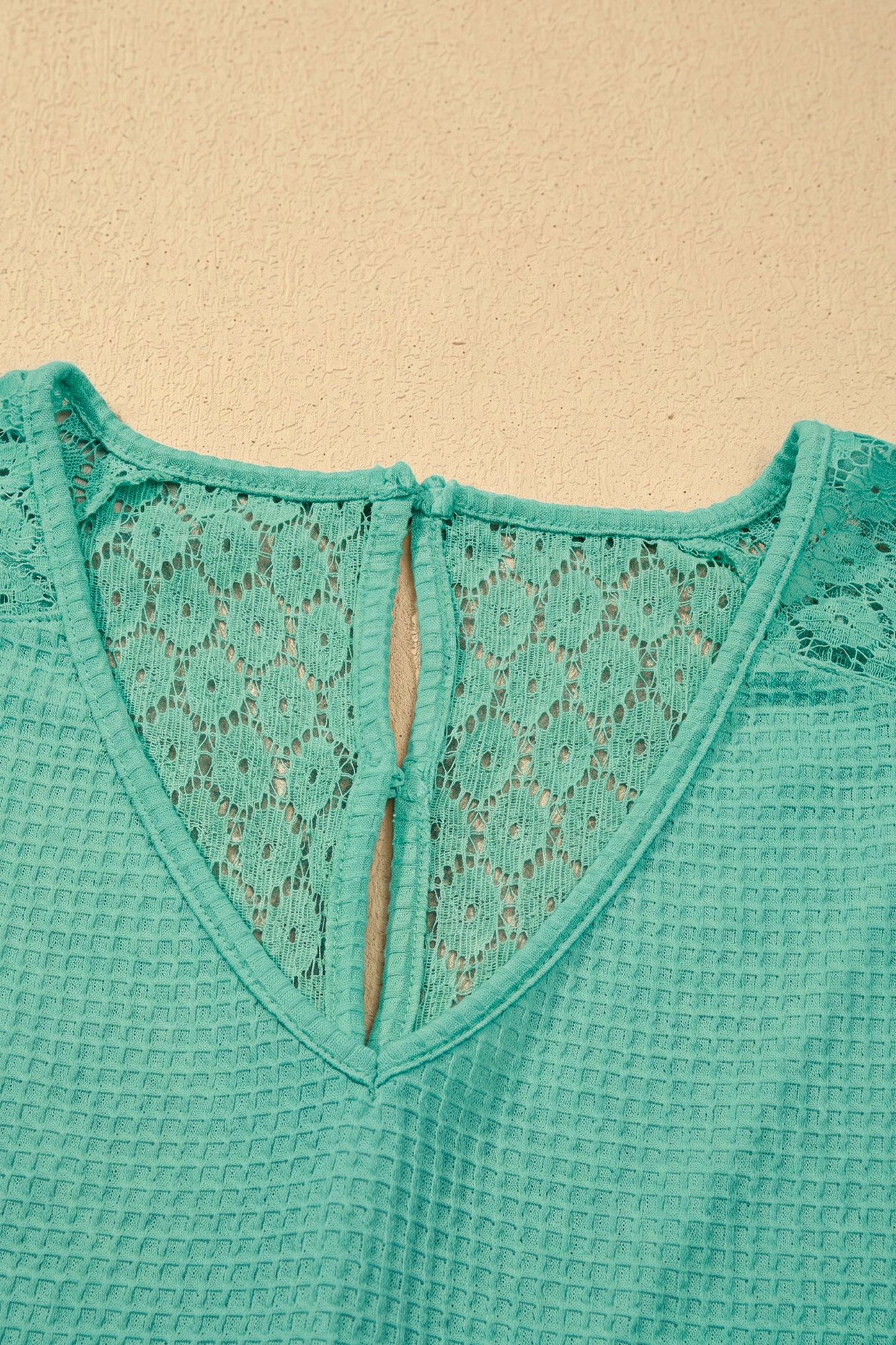 Beige Lace Splicing Button Cutout V Neck Waffle Knit Blouse