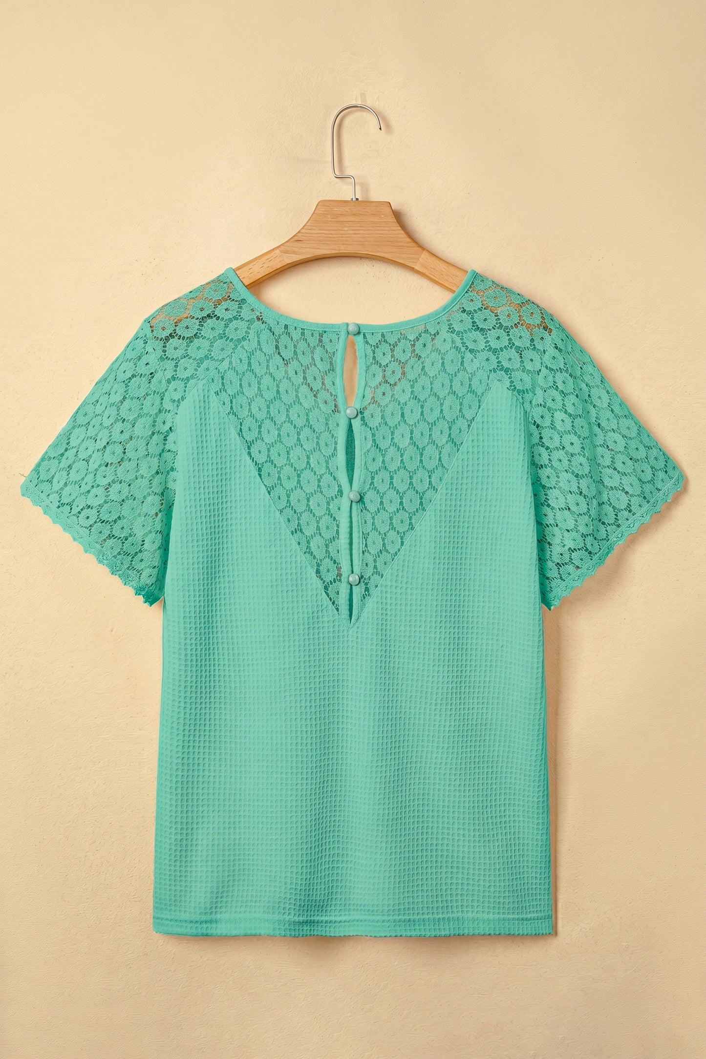 Beige Lace Splicing Button Cutout V Neck Waffle Knit Blouse