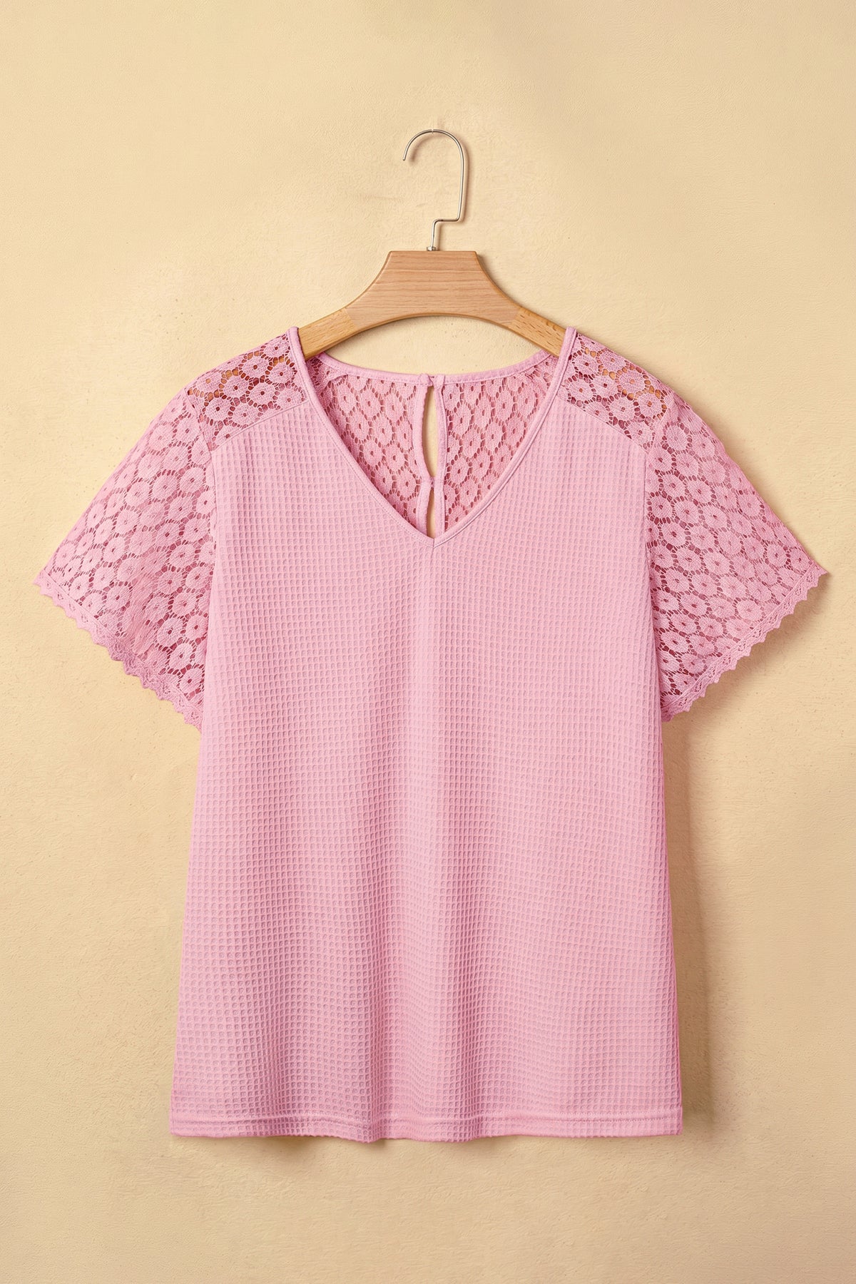 Beige Lace Splicing Button Cutout V Neck Waffle Knit Blouse