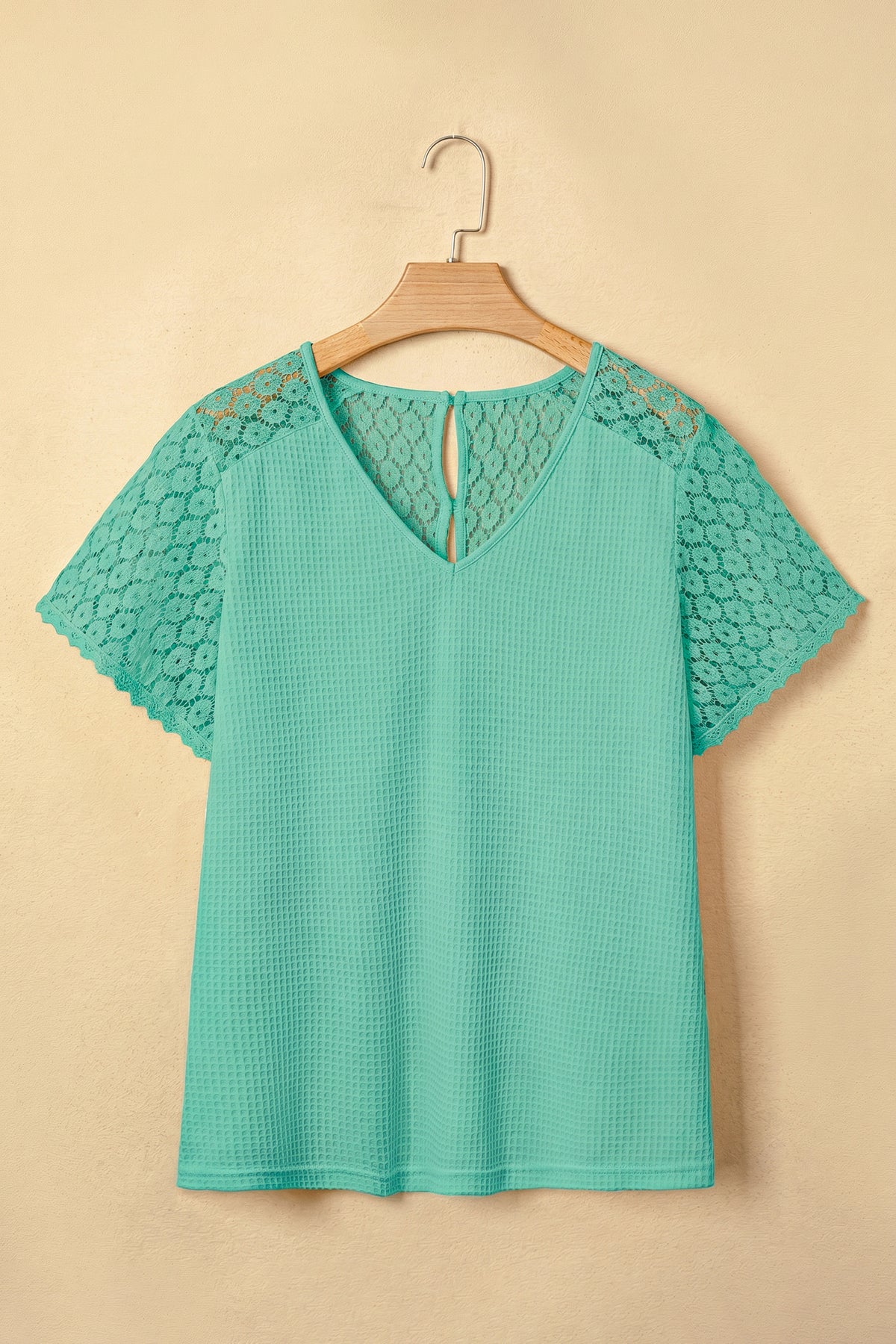 Beige Lace Splicing Button Cutout V Neck Waffle Knit Blouse