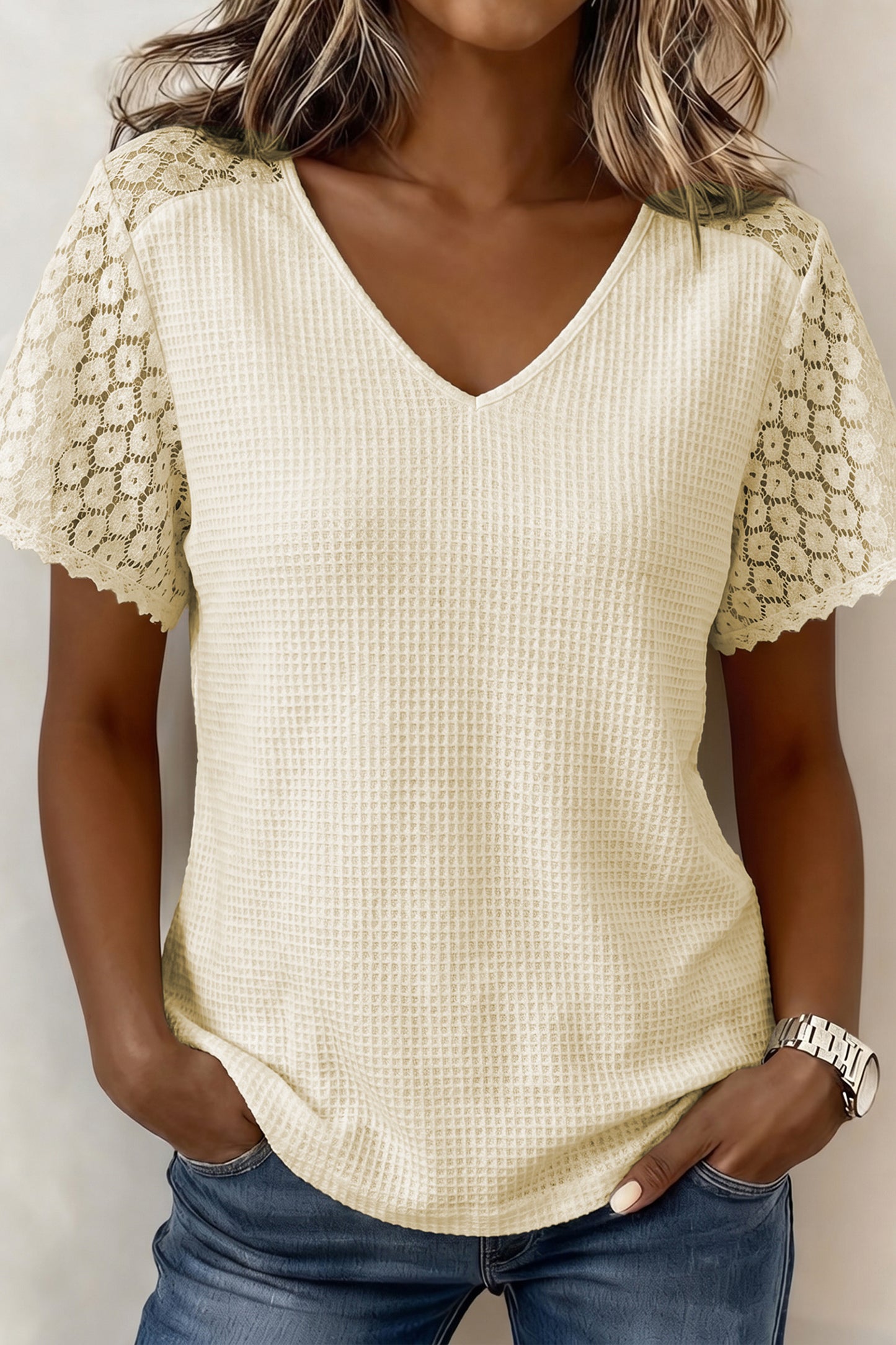 Beige Lace Splicing Button Cutout V Neck Waffle Knit Blouse