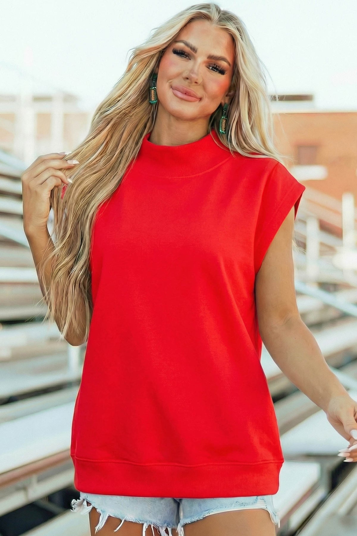Mint Green Solid Color High Neck Cap Sleeve Loose Top