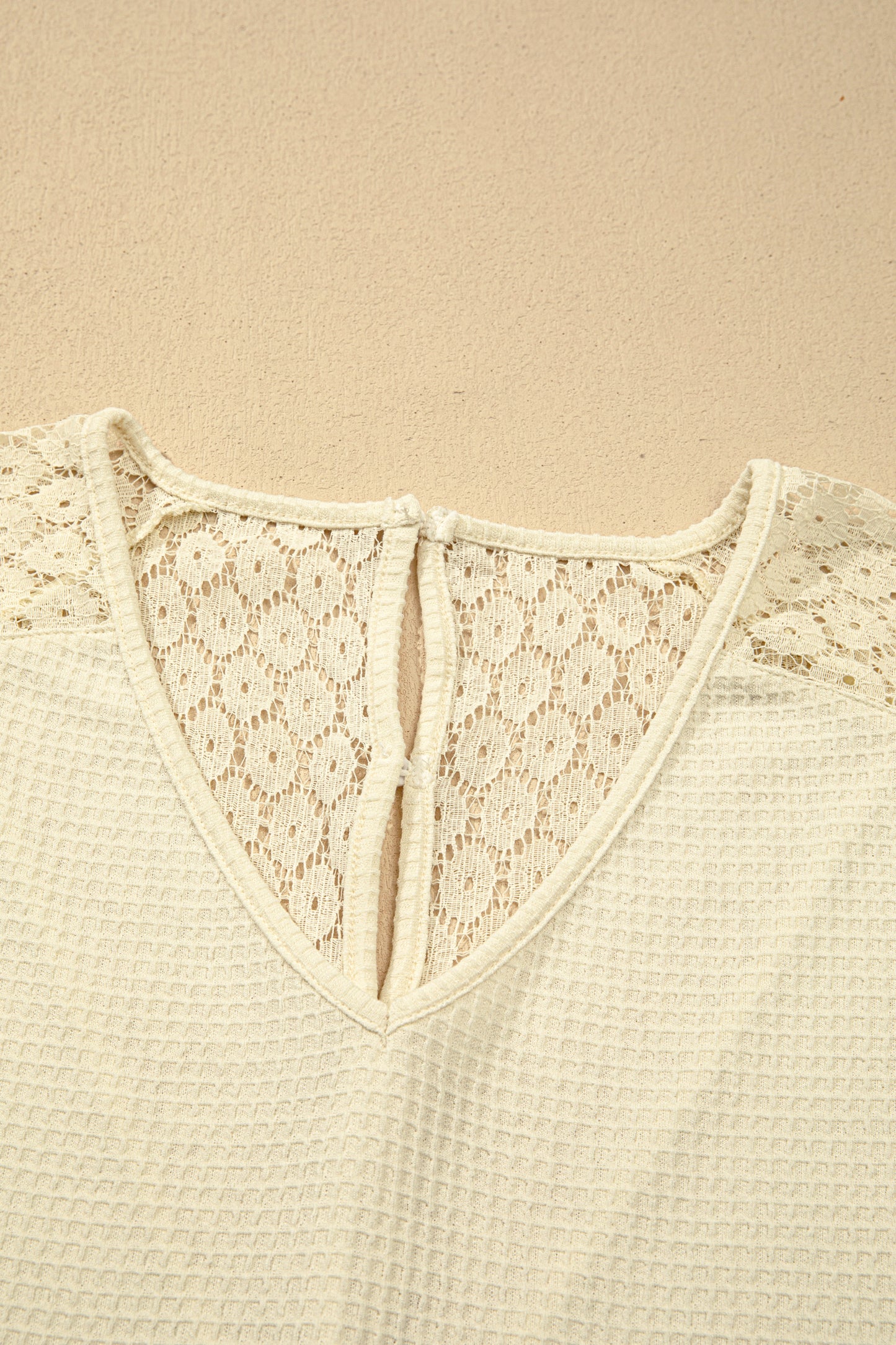 Beige Lace Splicing Button Cutout V Neck Waffle Knit Blouse