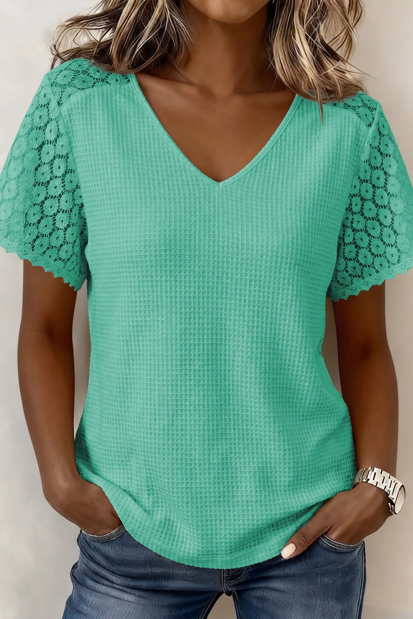 Beige Lace Splicing Button Cutout V Neck Waffle Knit Blouse