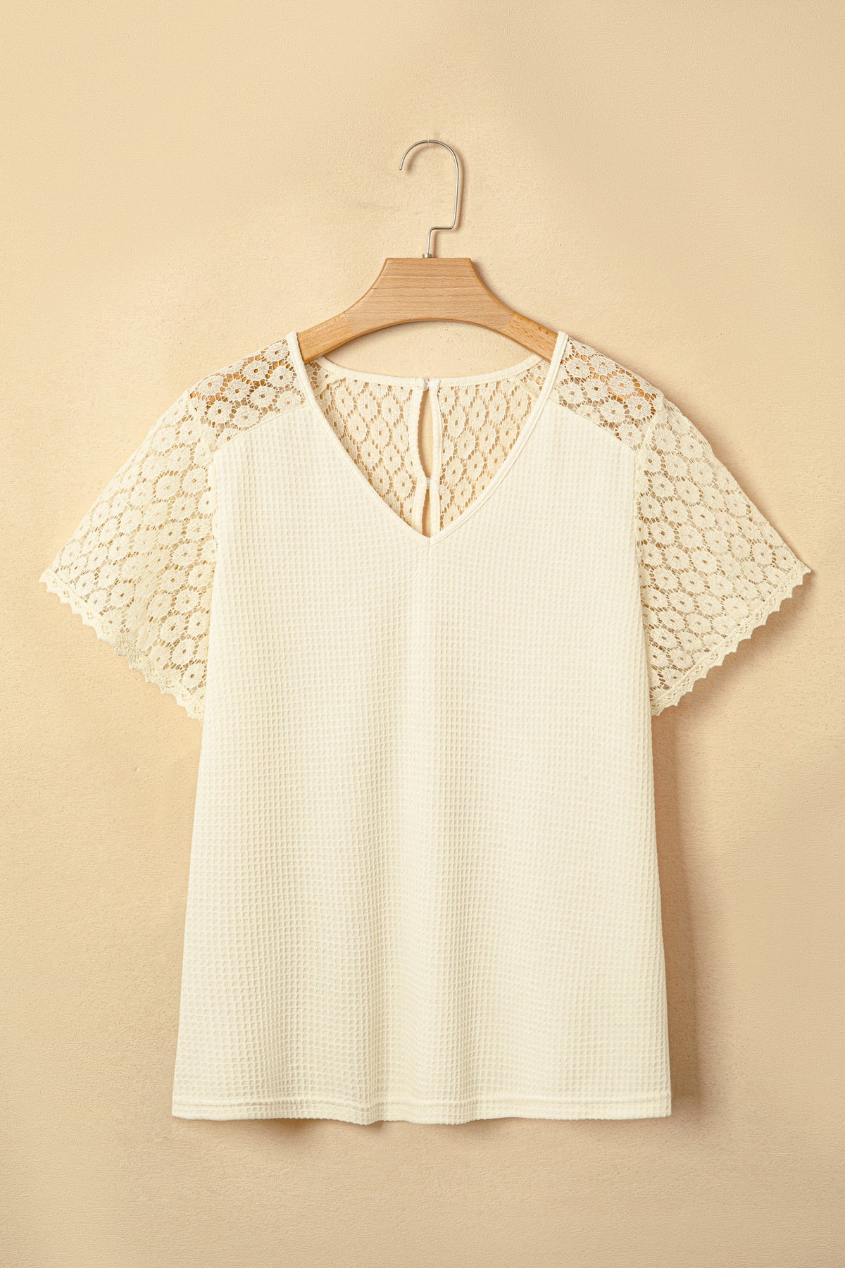 Beige Lace Splicing Button Cutout V Neck Waffle Knit Blouse